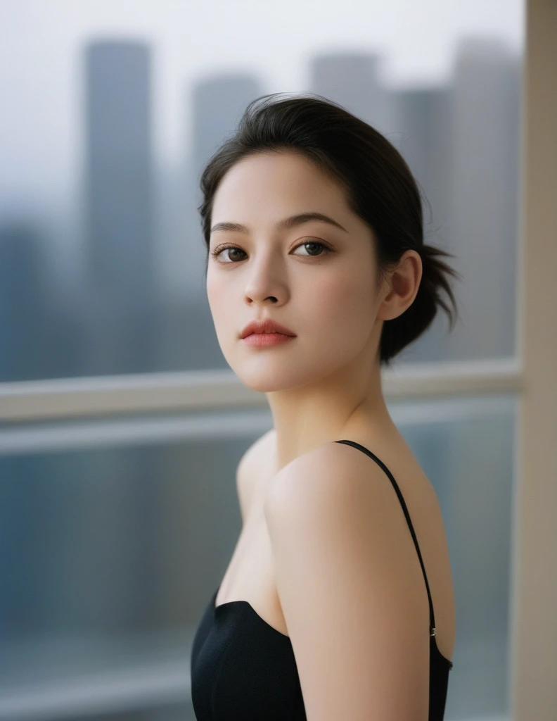 xxmixgirl, Upper body of a beautiful cute long and slender face Japanese girl, A gorgeous young cute asian woman in a Glamorous outfit, happy smiling, still from the film, ((young Marion Cotillard face : 1.2)), ((young Anne Hathaway face: 1.0)), from front, realistic portrait photo of a cute 25 years old girl, looks at viewer, full lips, natural skin, skin moles, stormy weather, (cinematic, film grain:1.1), ((asian winged eyes, very long and slender slim face, windy tousled, long straight black ponytail, strapless crop top)), hard nipple, dark room, bent over, see through, sunlight, under , big saggy breast, teardrop breast, arms up, hands attached with ropes from above, facing the window, adorable bright eyes, detailed face, detailed and realistic eyes, (spider gwen), feeling sexy, head down, (Leica SL3, Summicron-SL 75 f/2 ASPH, kodak Ektar 200 film), hands up, bokeh, silhouette, shallowed depth of field, dynamic action pose, hands up, nsfw, 18+