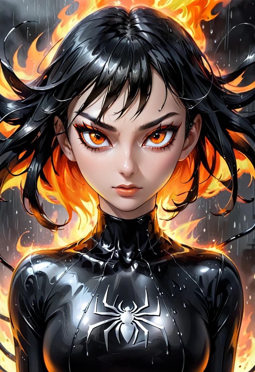atmosphere oily rainy style animation 2.5D manga niji6 strong strokes art oil paint super details in art Malena + spider girl in tight tight black orange fire t-shirt with silver eyes with black tomoi in style reality photo realism maximum quality details super perfection state-of-the-art graphics