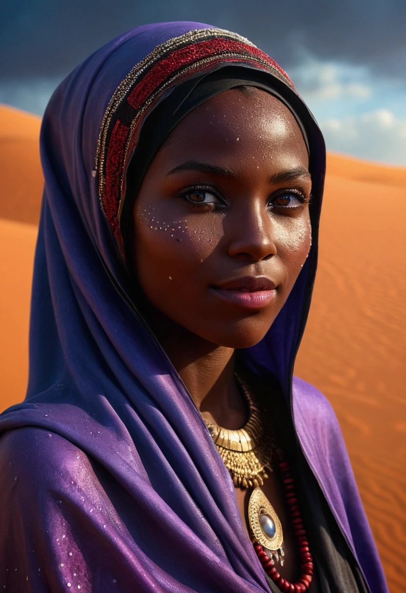 African tribe woman, work of art, Against the backdrop of the savannah, wet from the rain, hyperrealisti, Very dark skin, no profile, real photografic, portraits of a, wearing African design hijab in the desert, surrounded by sand dust splashindlg, sand dune in the background, night with glowing sand particles illuminating the scene, style artgerm, 32 mil, ultra HD, unreal mechanism rendered, imagem hyperrealisti, camara canon r6 objetivo 100mm 2.8f portrait 30 years old, diamond face, red starry sky background, Depth of field, magie, big red lips, ((dark and black eyes)) dress well, Thorax medium and covered with ornaments, mystical atmosphere, menacing shadows, intense blue aura, Intense red aura (best qualityer:1.2), absurderes, details Intricate, (highly detailed skin:1.2), smile expression, posando, tense and well-defined body, appealing. highly realistic, Brunette skin burned by the African sun, comely, Hyper-Realism, very elaborate skin, direct gaze, night sky, futurist, (work of art, ultra detaild, A high resolution) , I DON'T WANT HUMANS, There is a flow of energy, Very real scenario, clear shades of purple and blue, ultra details.
