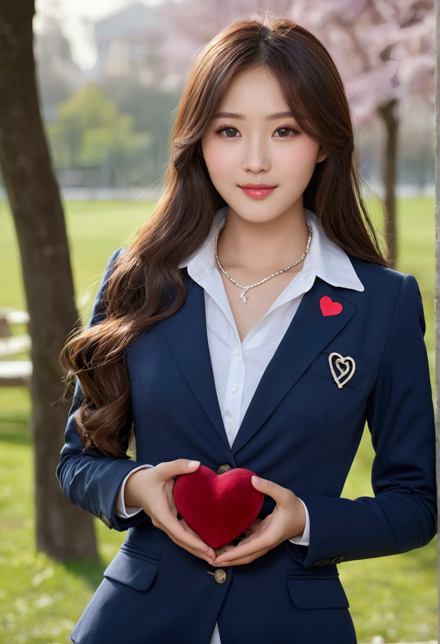 1 a beautiful girl,women, korean, snow white skin,soft and shiny skin,Hydrated, realistic photo, detailed face and body image, eyes details, innocent look, Pretty lips, thin face, long brown hair, school suit , with neckline,  with a heart shaped necklace, Natural makeup, Quality image, , slim, cintura slim y marcada, hourglass body, heart shaped face, with a french bridle, delicate beauty, innocent smile, young appearance, posing looking at the camera, in the park, wavy fur, straight, friendly and sweet appearance, 