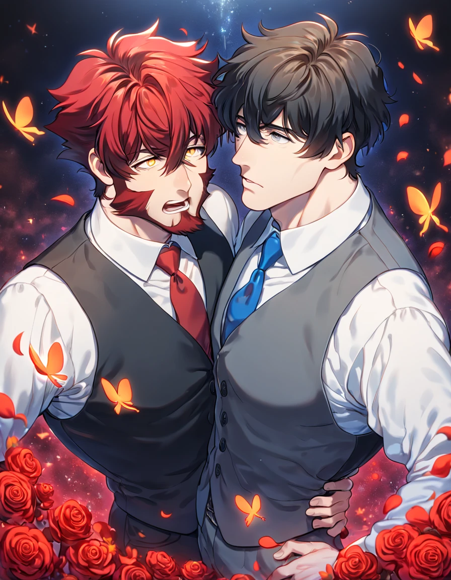 absurdres, highres, ultra detailed, HDR, master piece, best quality, extremely detailed, Klaus Von Reinhertz, red hair, expressive yellow eyes, Kekkai Sensen, Steven A. Starphase, black hair, expressive gray eyes, two sexy men together, yaoi, gay couple, handsome, white shirt, black vest, gray suit, cross, red butterflies, petals, magical, red roses, fantasy
