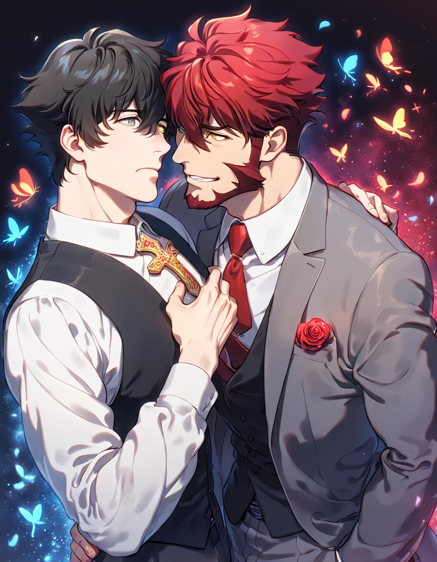absurdres, highres, ultra detailed, HDR, master piece, best quality, extremely detailed, Klaus Von Reinhertz, red hair, expressive yellow eyes, Kekkai Sensen, Steven A. Starphase, black hair, expressive gray eyes, two sexy men together, yaoi, gay couple, handsome, white shirt, black vest, gray suit, cross, red butterflies, petals, magical, red roses, fantasy