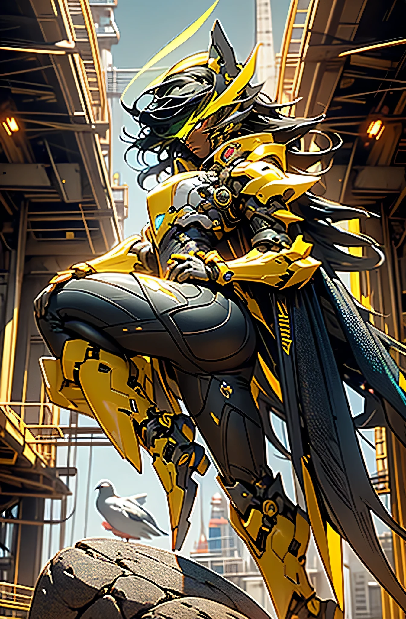 black skin woman jump off on top of tower, wearing armor in yellow color, armor has orange color neon stripes, high tech, background high tower, funky style, rocks armor, seagulls, dark sky