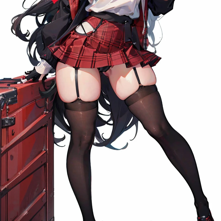 Anime Kawaii sexy Perfect Slim sensual body large breast and huge thighs, An intricate and highly detailed illustration of anime ( girl red plaid miniskirt , shoes black , pleatedskirt , assassin , all-body , White sweater , black gloves , Stockings , GARTER BELT , Bblack hair , eyes black , slickedback hair , thicc thighs , all-body , standing posture , Face , close up