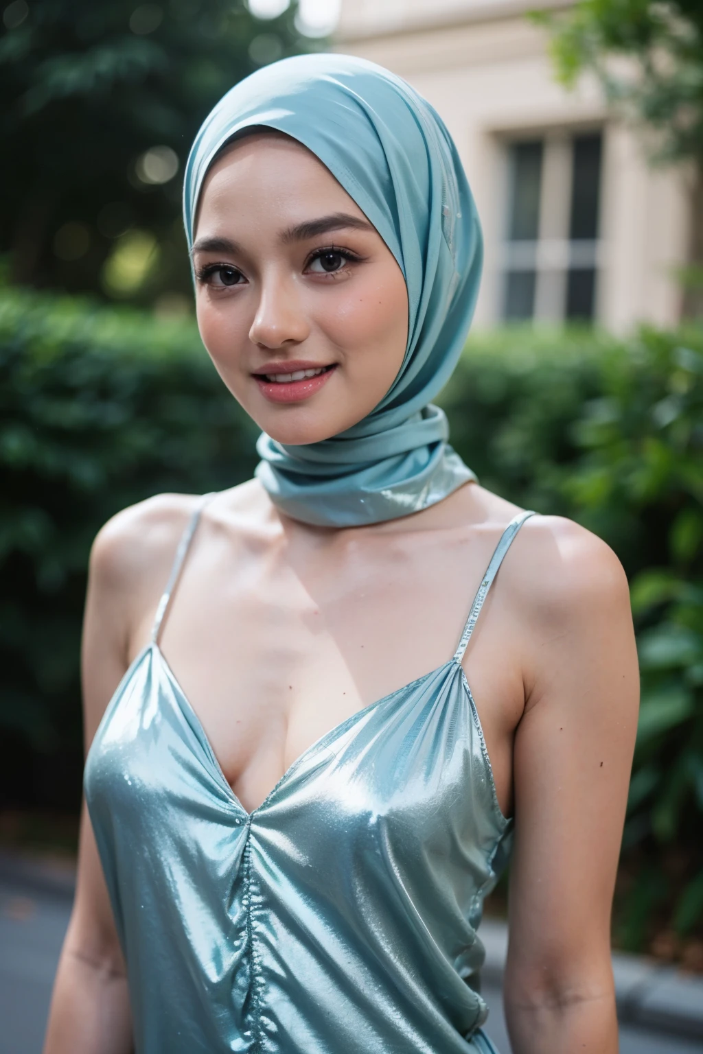 ((Skinny :1.7)), ((((HALF BODY PORTRAIT)))), Naked, (((VERY SHINY SKIN))), Very cute like a , ((Stylish Hijab)), adorable, 1 girl, 10 years ce, shy, half portrait,smile, (face details: 1), (eye details: 1), ((round large breasts, cleavage)). Cute posed. proportional body. Ultra High Res. (realistic: 1.9), UHD, ((SHINY SKIN :1.5)), ((V-neck ice silk suspender nightdress)),
