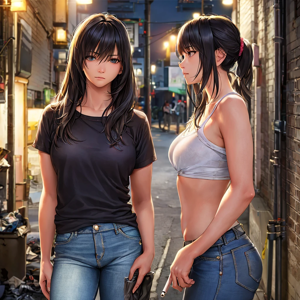 (Realistic:1.3), In detail, quality, Rembrandt Lighting, (masterpiece:1.2), (photoRealistic:1.2), (best quality), (Detailed skin:1.3), (Intricate details), dramatic, Ray Tracing, One girl, Japanese Girls, 21 years old, Detailed skin texture, (blush:0.5), (It gives me goosebumps:0.5), Scattered beneath the surface, Expressionless, Medium chest, blunt bangs、Black Hair、Straight Hair、bangs, Hair between the eyes, shirt, jeans, (Leaning against a wall:1.1), Cowboy Shot, Profile photo, cigarette, Glowing cigarette, (Outdoor, dirty, garbage, (Dark Alley, night, Dark Environment:1.1)),
