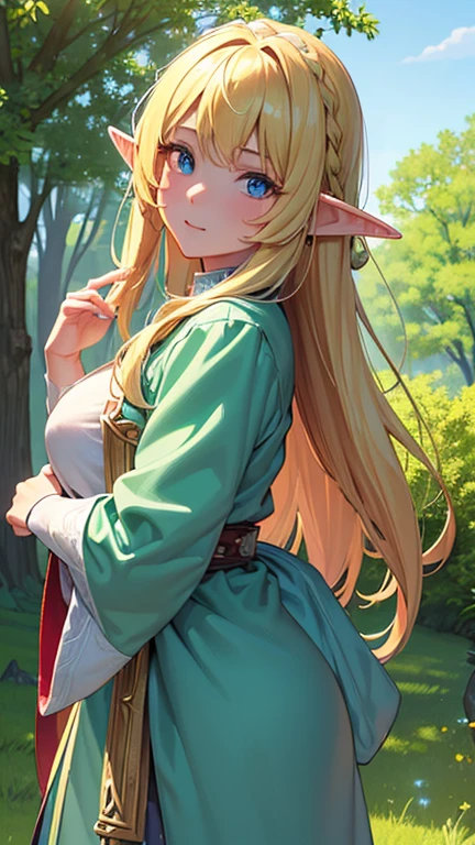 ((Super detailed)), (Highest quality), ((masterpiece)), ((Very exciting)), ((8k)), ((1080P)), ((Very clear)), ((Very sophisticated)), ((Anime Graphics)), ((Anime quality)), ((Anime illustration)), ((Upper lighting)), ((Depth of written boundary)), ((Shine肌)), ((Shine)), ((Shine)), (3d)), ((Perfect Anatomy)), (Realistic skin texture), ((Detailed face description)), ((Anime qualityの目)), (Bright colors:1.2), (Fantasy), (((alone)), (girl), (Beauty), (Elf)), ((Blonde), (Long Hair), (Braid:0.8)), ((blue eyes), (Slanted Eyes)), ((Long green adventurer&#39;s uniform:1.5), (Long trousers), (Parker Mantle) (corset)), ((The Darkest Dungeon:1.3), (Remains:1.2), (Blur the background)), ((Buckshot)), (Slender body), ((Facial expression of discomfort), (blush), (Look at the viewers)), ((From the chest up)),