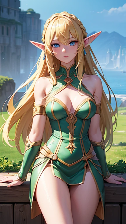 ((Super detailed)), (Highest quality), ((masterpiece)), ((Very exciting)), ((8k)), ((1080P)), ((Very clear)), ((Very sophisticated)), ((Anime Graphics)), ((Anime quality)), ((Anime illustration)), ((Upper lighting)), ((Depth of written boundary)), ((Shine肌)), ((Shine)), ((Shine)), (3d)), ((Perfect Anatomy)), (Realistic skin texture), ((Detailed face description)), ((Anime qualityの目)), (Bright colors:1.2), (Fantasy), (((alone)), (girl), (Beauty), (Elf)), ((Blonde), (Long Hair), (Braid:0.8)), ((blue eyes), (Slanted Eyes)), ((Long green adventurer's uniform:1.5), (Long trousers), (Parker Mantle) (corset)), ((The Darkest Dungeon:1.3), (Remains:1.2), (Blur the background)), ((Buckshot)), (Slender body), ((Facial expression of discomfort), (blush), (Look at the viewers)), ((From the chest up)),