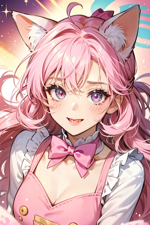 Bubble Crunch is a Cat Num made from pink Cereal Rice, the top half being much lighter than the bottom. She has a squinting eye and has her tongue sticking out. She wears a Hot Pink bow between her ears. SPARKLE; GLITTER