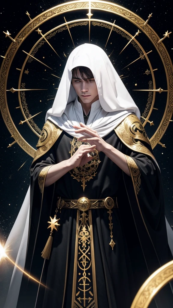A white celestial being with a human body. He wears a black cloak with gold details and symbols.. He is making magic symbols with his hands.