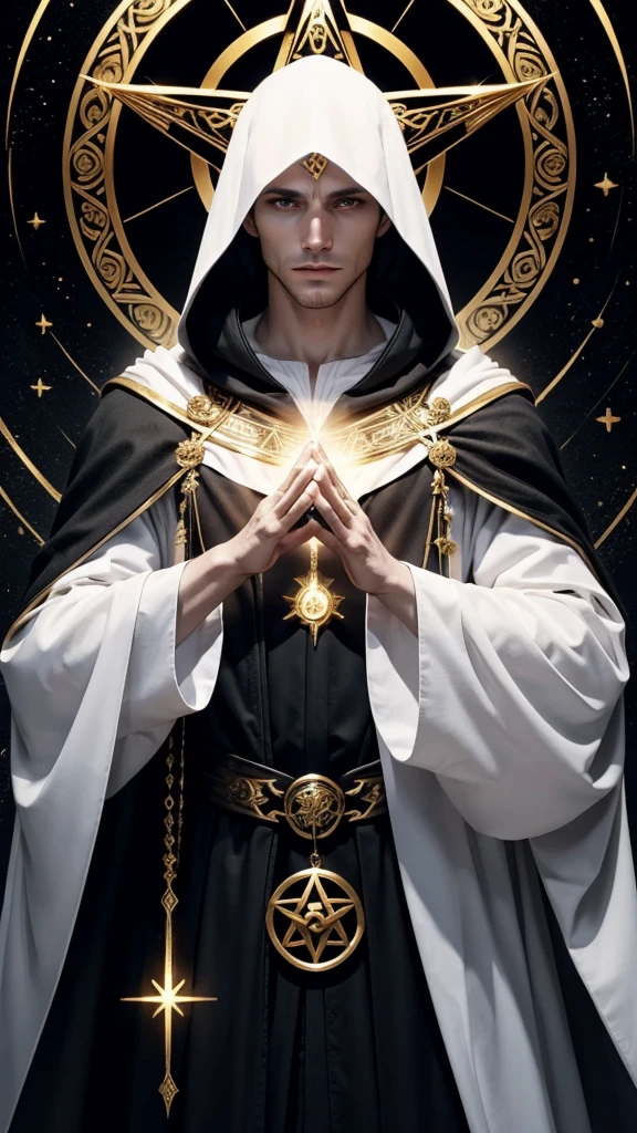 A white celestial being with a human body. He wears a black cloak with gold details and symbols.. He is making magic symbols with his hands.