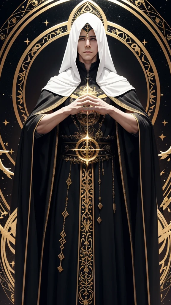 A white celestial being with a human body. He wears a black cloak with gold details and symbols.. He is making magic symbols with his hands.