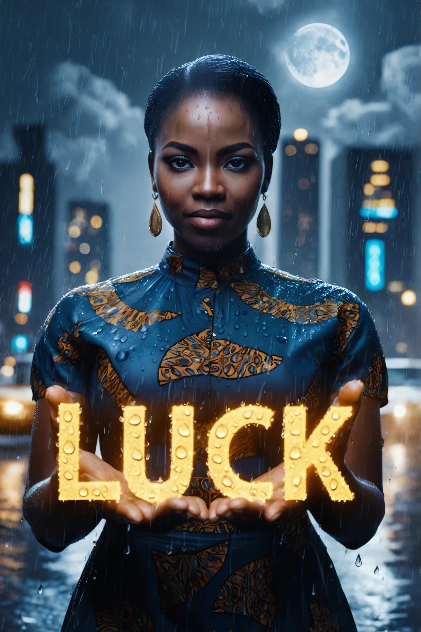 Black woman dressed in african designed clothes standing in the middle of the city with flashing lights in the background, rain pouring with rain drops creating a text "LUCK" in the palm of her hands. "LUCK" the text in texture of fluid rain drops glowing in the palms of her hands. Night time with the moon and clouds creating a grey and blue cinematic grading, 32k high definition and high resolution images, unreal engine 5 rendered.