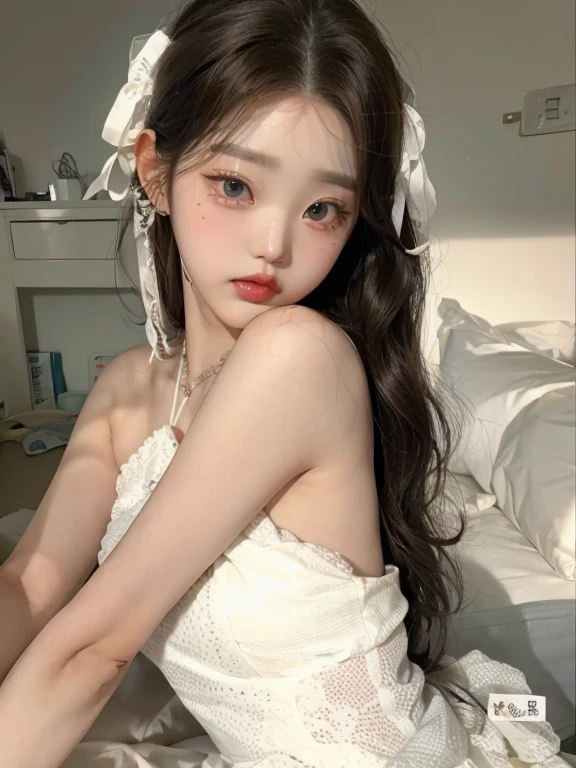 Jang Wonyoung, large eyes, by white, curly, full lips, doll eyes. 