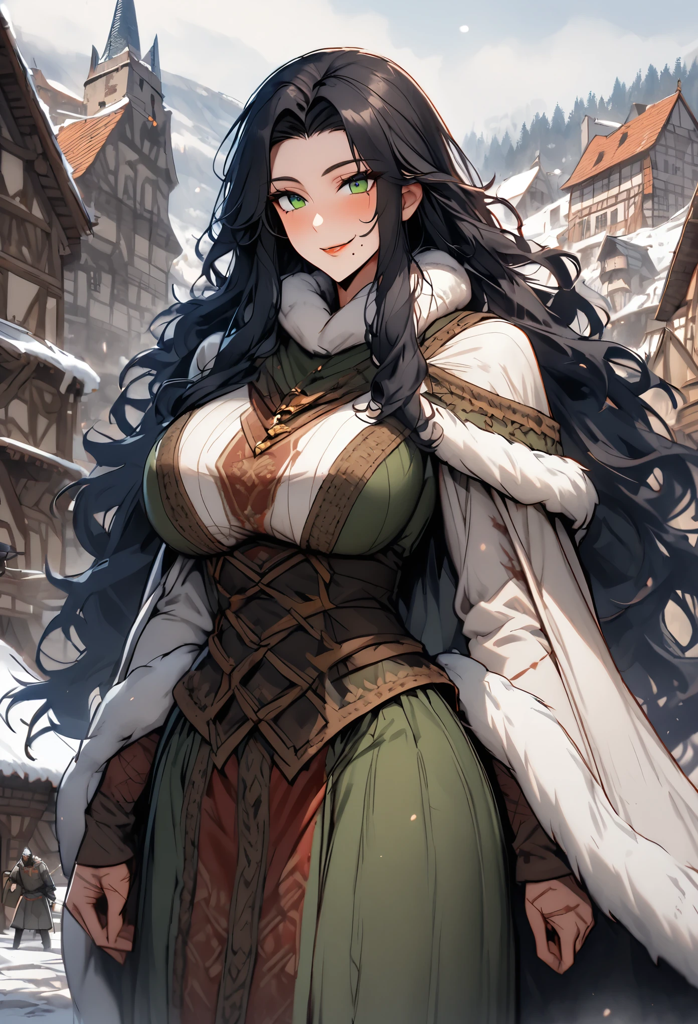 female, solo, long hair, wild hair, black hair, scars on arms, green eyes, muscular:1.3, extremely tall, giantess, mischievous smile, warm, huge breasts, broad shoulders, village leader, tall female, medieval, small town, winter, fur lining, form-fitting outfit, fur-lined cape, mole under mouth