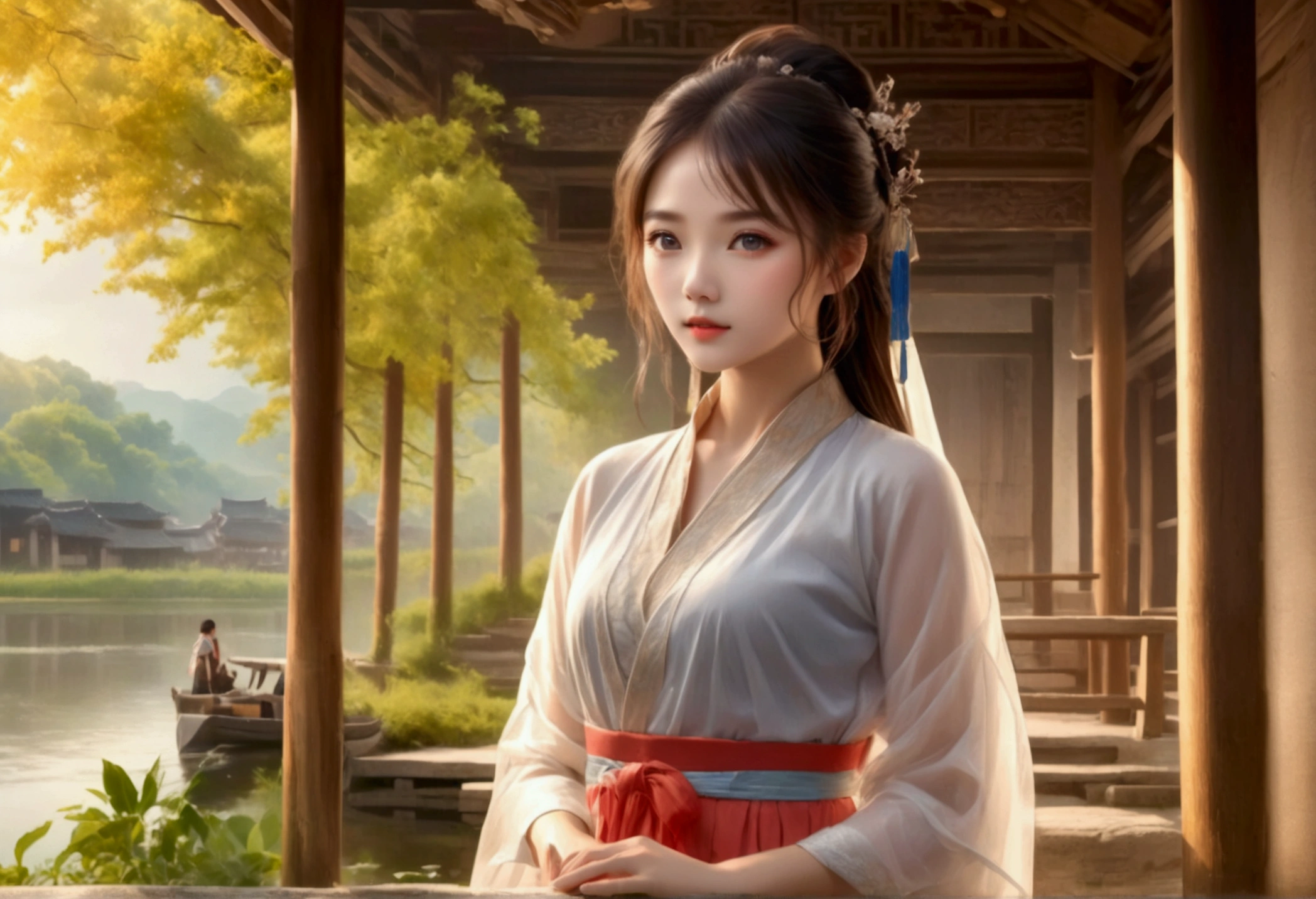 (best quality,masterpiece, intricate,ultra-detailed,realistic,RAW photo,8k uhd,ultra high res,photorealistic style,cinematic scenes, sharp focus,dramatic lighting,extremely detailed CG unity wallpaper) ,a beautiful girl, Jiangnan,a village by the lake in summer,