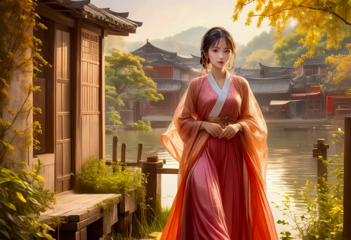 (best quality,masterpiece, intricate,ultra-detailed,realistic,RAW photo,8k uhd,ultra high res,photorealistic style,cinematic scenes, sharp focus,dramatic lighting,extremely detailed CG unity wallpaper) ,a beautiful girl, Jiangnan,a village by the lake in summer,