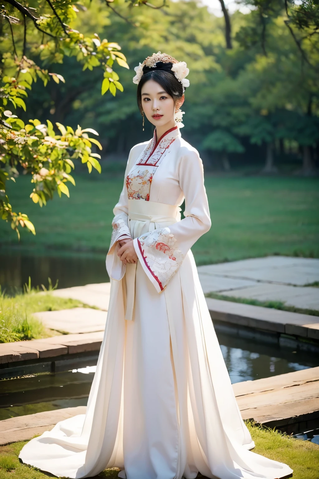 Close up  Face , (Portrait),  (looking at viewer:1.3), Chinese, 30 years-old, One of the three most beautiful women in the world, A beauty known all over the world, (light Brow hair, beautiful lip, little smile), (middle breasts, slender whist, middle hip ) ,(White Silk  Chinese clothing、Royal clothing, Chinese shoes ), standing pose, on ground , in palace garden, (masterpiece, highest quality, High resolution, Photo realistic, sharp, RAW Photos, 8k wallpaper, perfection, Professional Lighting, Very detailed)