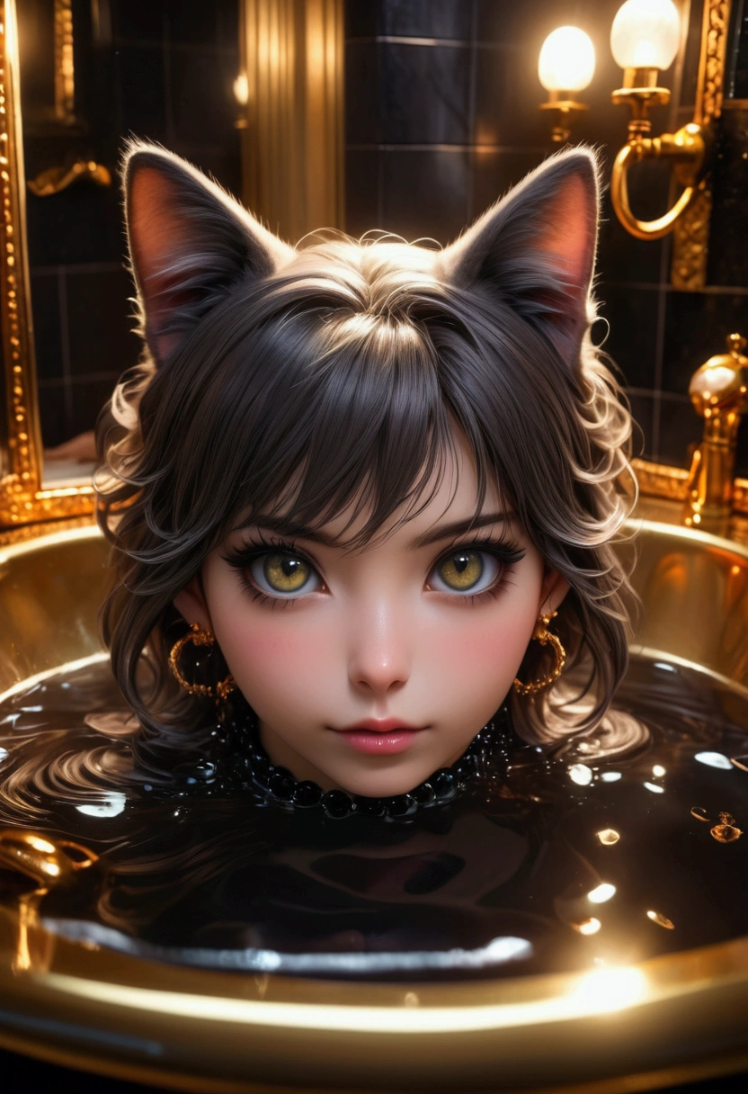 A cute girl Xiaorou SeeU, 20 years old, in an adorable sexy cat girl cosplay, acting surly and intimidating, she does not want to take a bath, bathroom with bubble bath in tub, beautiful detailed eyes, beautiful detailed lips, extremely detailed eyes and face, long eyelashes, photo-realistic, 8k, highly detailed, masterpiece, digital art, dark colors, moody lighting, dramatic shadows, intense expression, furrowed brow, pouty lips, cat-like features, fluffy cat ears, long tail, sharp claws, rebellious attitude, bathroom interior, tiled floor, bubble bath, ornate mirror, gold fixtures