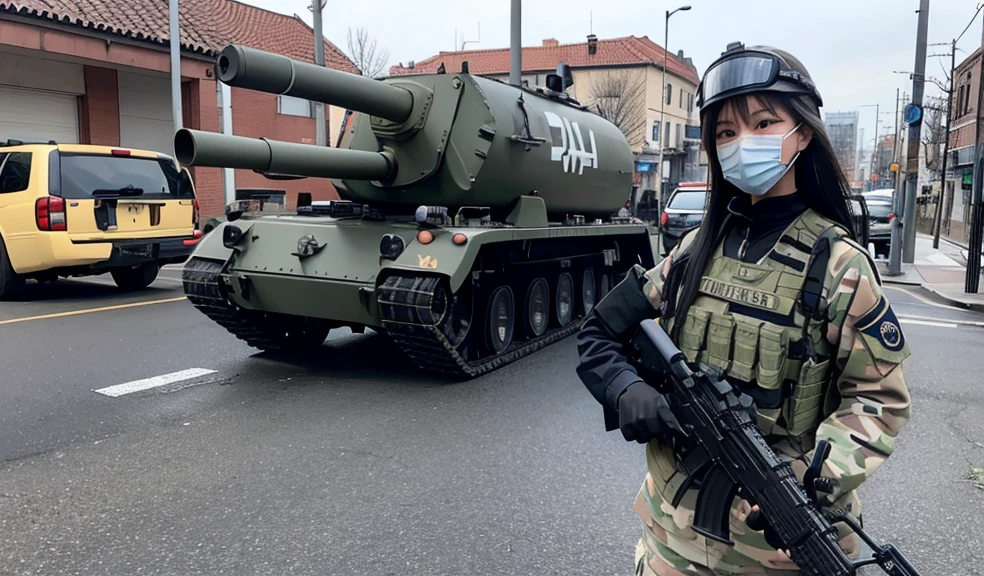 Police soldier woman, swat vest, black gloves, swat helmet head, behind long hair, ninja full mask, grip assault ak74, ((behind brown military tank truck))