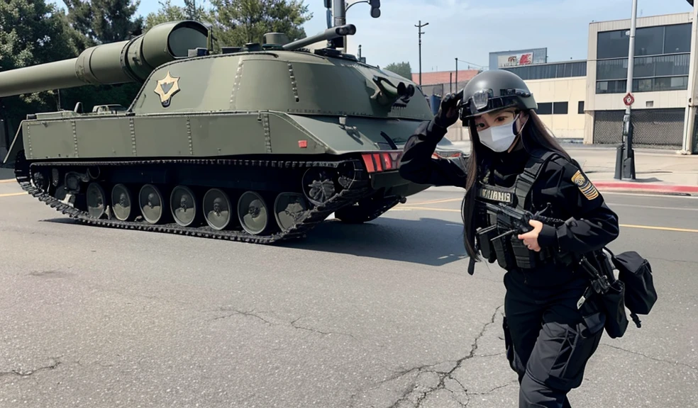 Police soldier woman, swat vest, black gloves, swat helmet head, behind long hair, ninja full mask, grip assault ak74, ((behind brown military tank truck))