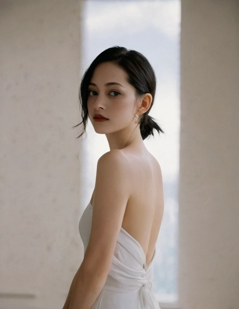 xxmixgirl, Upper body of a beautiful cute long and slender face Japanese girl, A gorgeous young cute asian woman in a Glamorous outfit, happy smiling, still from the film, ((young Marion Cotillard face : 1.2)), ((young Anne Hathaway face: 1.0)), from front, realistic portrait photo of a cute 25 years old girl, looks at viewer, full lips, natural skin, skin moles, stormy weather, (cinematic, film grain:1.1), ((asian winged eyes, very long and slender slim face, windy tousled, long straight black ponytail, strapless crop top)), hard nipple, dark room, bent over, see through, sunlight, under , big saggy breast, teardrop breast, arms up, hands attached with ropes from above, facing the window, adorable bright eyes, detailed face, detailed and realistic eyes, (spider gwen), feeling sexy, head down, (Leica SL3, Summicron-SL 75 f/2 ASPH, kodak Ektar 200 film), hands up, bokeh, silhouette, shallowed depth of field, dynamic action pose, hands up, nsfw, 18+