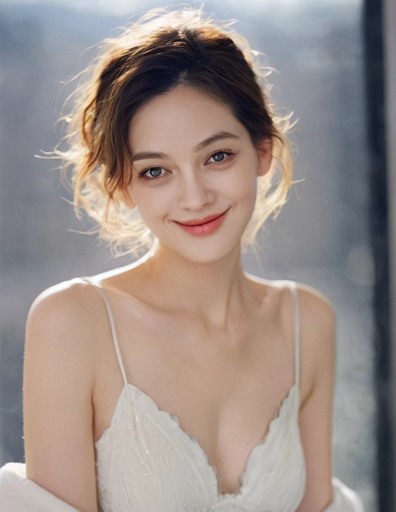 xxmixgirl, Upper body of a beautiful cute long and slender face Japanese girl, A gorgeous young cute asian woman in a Glamorous outfit, happy smiling, still from the film, ((young Marion Cotillard face : 1.2)), ((young Anne Hathaway face: 1.0)), from front, realistic portrait photo of a cute 25 years old girl, looks at viewer, full lips, natural skin, skin moles, stormy weather, (cinematic, film grain:1.1), ((asian winged eyes, very long and slender slim face, windy tousled, long straight black ponytail, strapless crop top)), hard nipple, dark room, bent over, see through, sunlight, under , big saggy breast, teardrop breast, arms up, hands attached with ropes from above, facing the window, adorable bright eyes, detailed face, detailed and realistic eyes, (spider gwen), feeling sexy, head down, (Leica SL3, Summicron-SL 75 f/2 ASPH, kodak Ektar 200 film), hands up, bokeh, silhouette, shallowed depth of field, dynamic action pose, hands up, nsfw, 18+