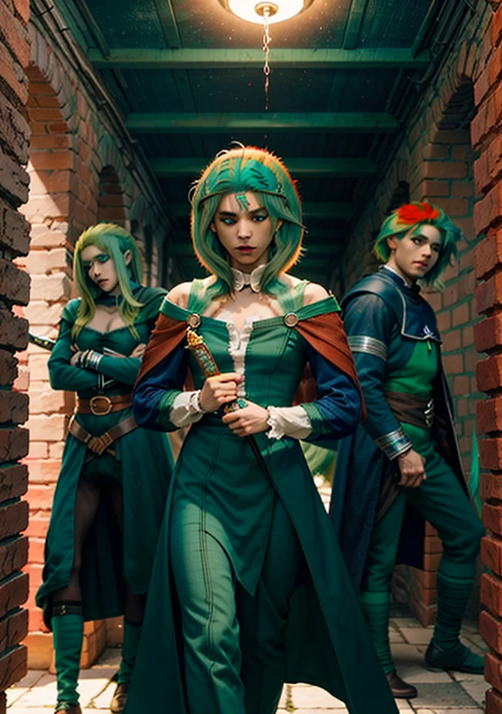 (((3 friends, (2 men: 2), 1 woman) :2, Medieval world): 2). (((redhead woman: 2), blue eyes, White shirt, blue skirt, sword in hand. (dark man: 2), blue eyes escuro, villager outfit and holds glowing white sphere. (green hair man: 2) , jumpsuit and holds bright blue sphere. Red eyes with fluctuating energies, medieval city): 2). extremely detaild, 8k, HdR, natural light, cinematic lighting, masterpiece-anatomy-perfect, ultra HD, raw photo, professional, ultra-fine painting, perfect body proportions, Anatomically correct, UHD, real texture material, anti-aliasing, FKA, THAI, SSAO, Post processing, Post Production, Tone Mapping, cgi, VFX, SFX, Hyper maximalist, volumetric, ultra photorealultra-detailed intricate details.