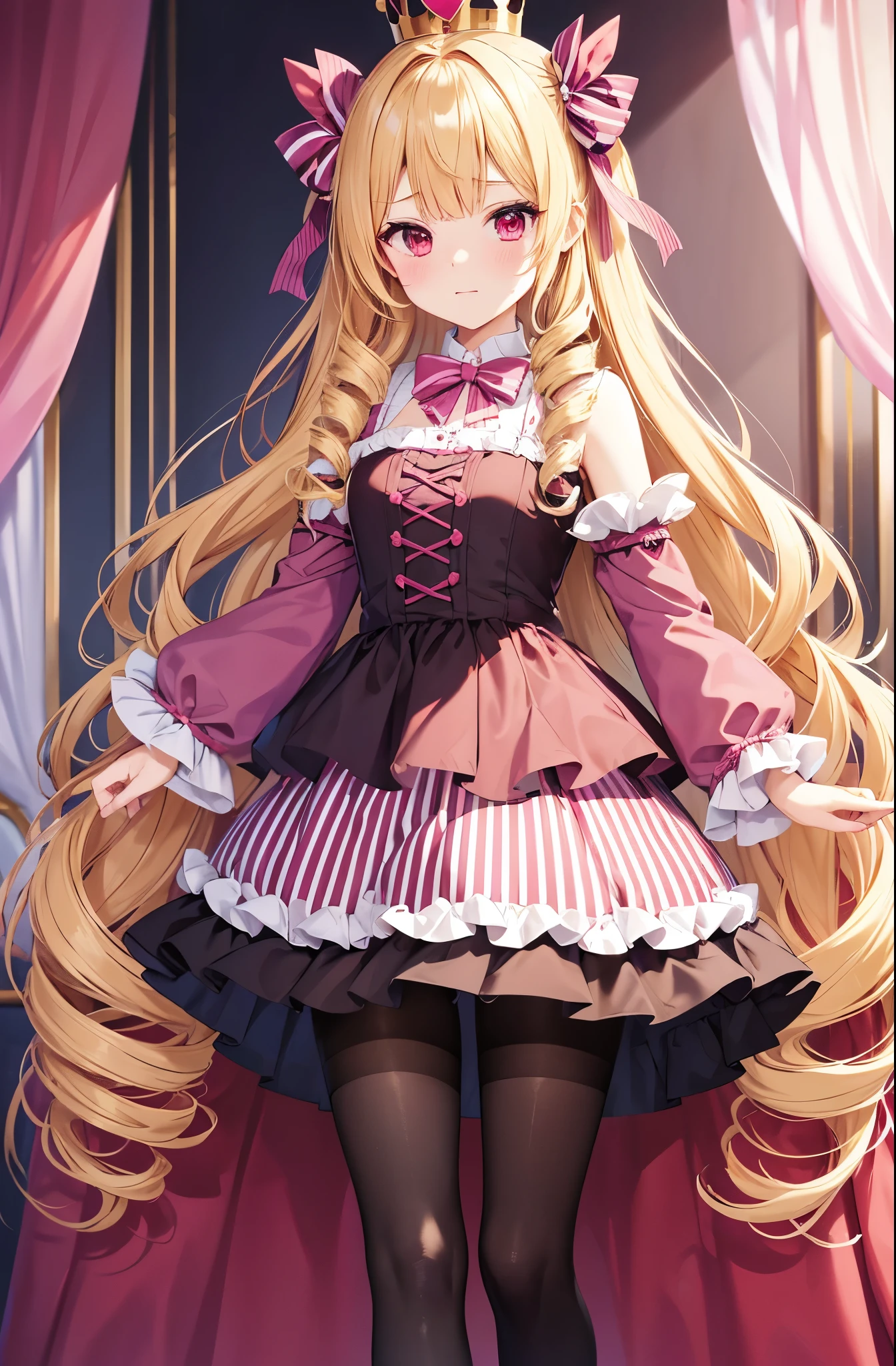 Red eyes, idol-like anime character, cute expression, strong eyes, slightly embarrassed expression, high quality image, dark red plain fur jacket, fluffy dark red plain dress skirt with open front, large ribbon decoration on skirt, dark pink and purple striped horizontal striped stockings, dark pink and purple horizontal striped tights, one very small round crown hair ornament, blonde twin drills , voluminous, blonde hair twin drill, dark pink and purple striped horizontal striped tights, very small round crown hair ornament. horizontal stockings, dark pink and purple, horizontal striped tights, one very small round crown hair ornament, blonde twin drills, voluminous and unique blonde twin drills, very curly, big pink bows on both sides, forehead bangs, big pink bows on dress skirt, forehead bangs, big pink bows on dress skirt, big pink bows on dress skirt, forehead bangs, big pink bows on dress skirt, big pink bows on dress skirt, big pink bows on dress skirt Big pink ribbon on skirt Focus on face Red eyes Full body shot with sofa in room, no shadow High quality Walking Full face