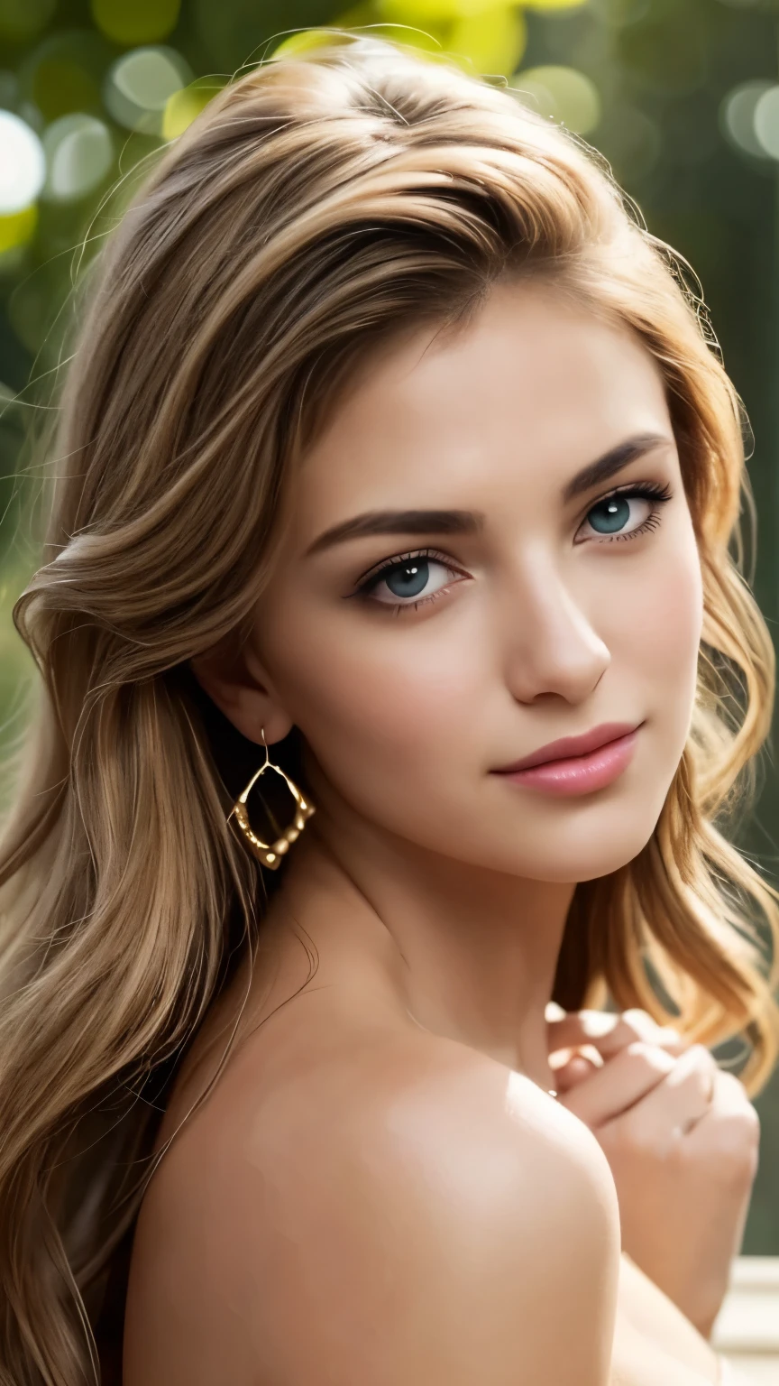 Beautiful, Detailed face, Beautiful woman, Stunning eyes, Juicy lips, Gorgeous girl, Soft lighting, Bright colours, Upper body, High resolution, Romantic atmosphere, Dreamy background, Elegant pose, Subtle details, Earrings, Flawless skin, Seductive expression, Charming smile, Visual art aesthetic,. masterstroke, oil painting style, gallery-worthy, out-of-this-world beauty, flash, diffused light
