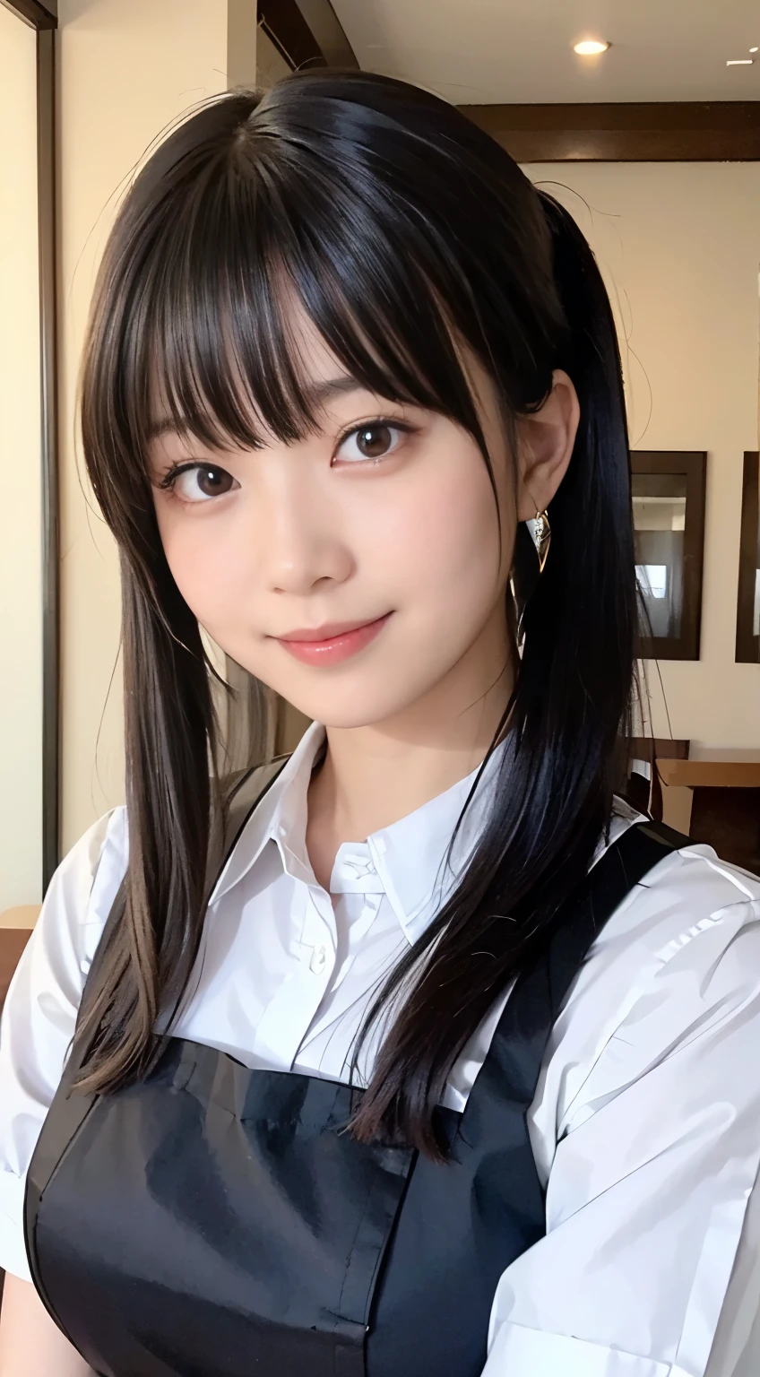 (Highest quality,masterpiece:1.3,Ultra-high resolution,),(Very detailed,Caustics),(Realistic:1.4,RAW shooting,)Ultra-Realistic Capture,Very detailed,High resolution 16K human skin closeup。 Natural skin texture、,pores、、、、It must be detailed enough to be easily identifiable。 Skin tone is even and healthy looking。 Use natural light and colour,restaurant,Waitress Uniform,1 girl,Japanese,18-year-old,cute,Black-haired,ponytail,Big Breasts,smile,Turn your body forward,(Front view:1.1),Looking into the camera,Cowboy Shot,