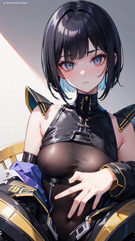 (Masseter region,Highest quality,Very detailed), (Detailed face), Poster, High resolution, One Girl, (View from the front), (cyber punk), (Lucy), Black Hair, (前髪のあるBlack Hair,), (Bobcut), Two-tone hair, Gold Eye, Black underwear, Full Figure, Flat Chest, (Beautiful details: 1.1), (Fine hand), (Detail Light: 1.1), Film Light, Fair skin, (Looking at the audience), Fashionable, Textured skin, Very detailed, Cute way to sit,
