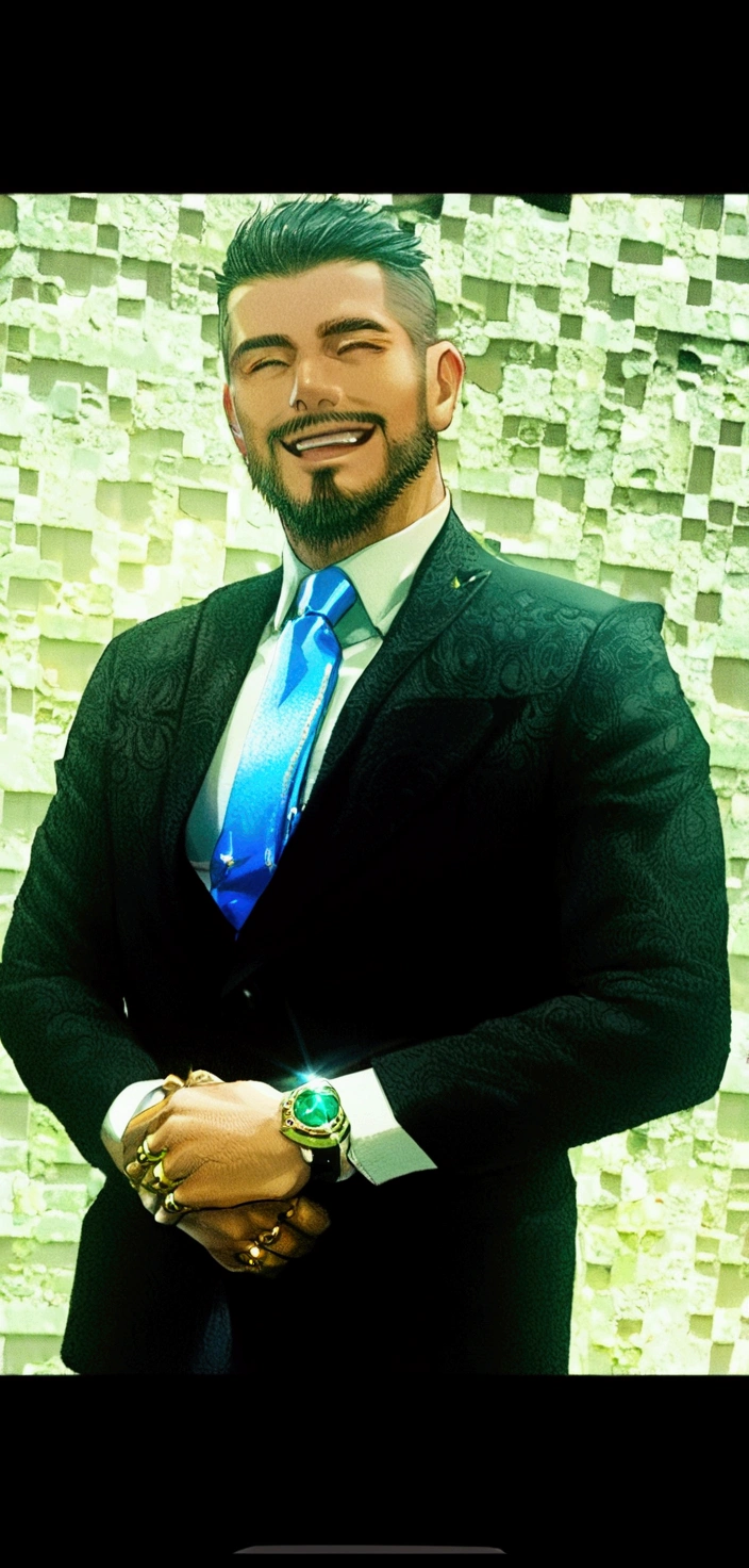 muscular man, with white skin, with a beautiful and big smile, short black hair, short black beard, he is wearing a black suit and a cool-toned tie, he is inside a luxury office.