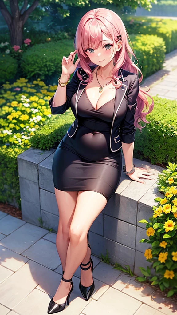 masterpiece, best quality, 1girl, beautiful business woman with wavy hair, pink hair, hairpin, large bust, blazer, bra and blue midi pencil skirt, heels, necklace, bracelet, midriff, belly button, summer, garden in the city, looking at viewer, light smile, blush, full body, view from above, hand raised, 