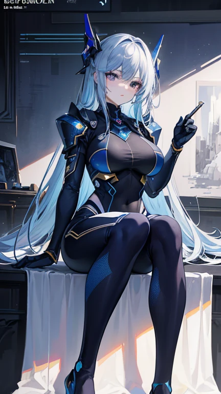 (Best Quality,High resolution,masterpiece:1.2),anime,Portrait,Studio Lighting,Ultra-detailed,Professional,Realist,Blue long hair,Pale skin,Tall and beautiful,Power Suit Exoskeleton,dark blue,space,Spacecraft Hangar, Long legs,Big Breasts,  Oil on canvas, Brush strokes, elegant, 超High resolution, 8k, Unreal Engine 5, Super sharp focus,, ArtJam, Reusch, Hmph, Complex芸術のmasterpiece, Evil, Matte Painting Movie Posters, Golden Ratio, CGSociety Trends, Complex, Spectacular, Art Station Trends, Very detailed, Vibrant, Production Movie Character Rendering, Ultra high quality model, Cute way to sit,