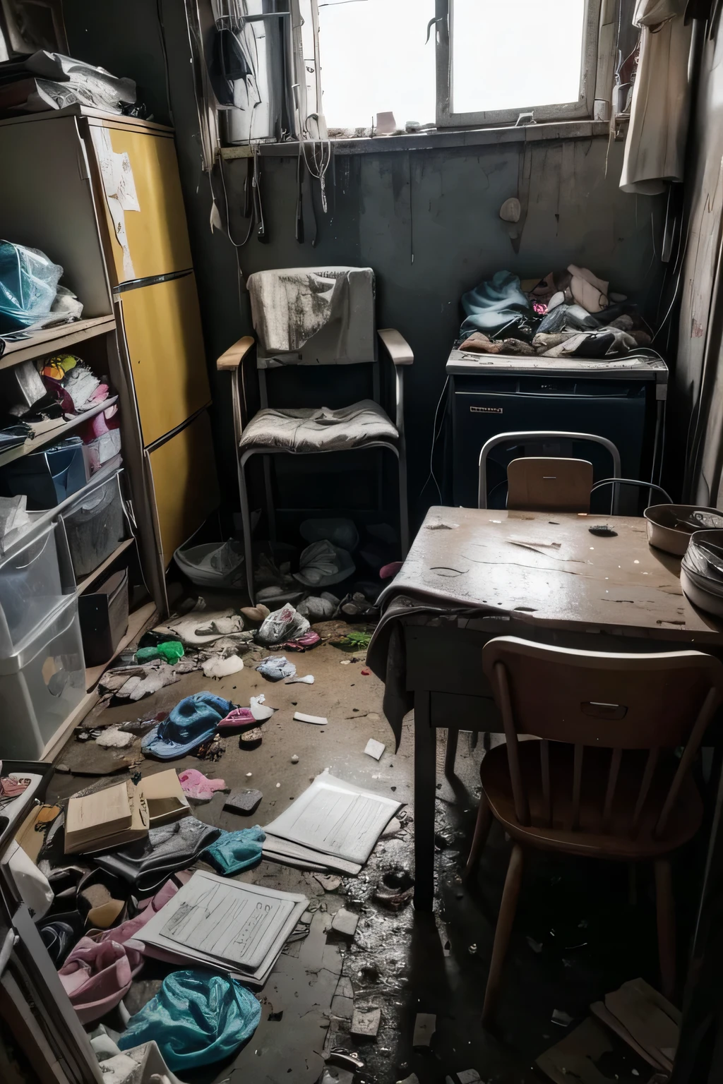 extremely dirty room, dark, small and depressing, where there is a lot of garbage and only a couple of armchairs. It's night, it must be very dark, of terror.