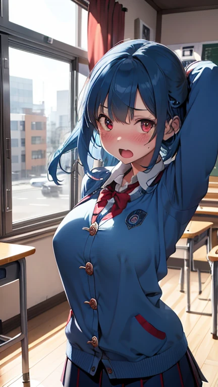 mastute piece,Best Quality,insanely detailed,8k cg,nsfw,
(shoot upper body:1.3),
(1girls:1.3),standing,looking at viewr,body in front,(arms behind back:1.4),(school uniform:1.2,duffel coat:1.3),ダッフルコート:1.3、break,
blush,shy,(ecstasy face),(trembling:1.2),break,(blue hair:1.3),
break,
perfect breasts,perfect teats,(open mouth:0.9),(large breasts:1.2),
(classroom),