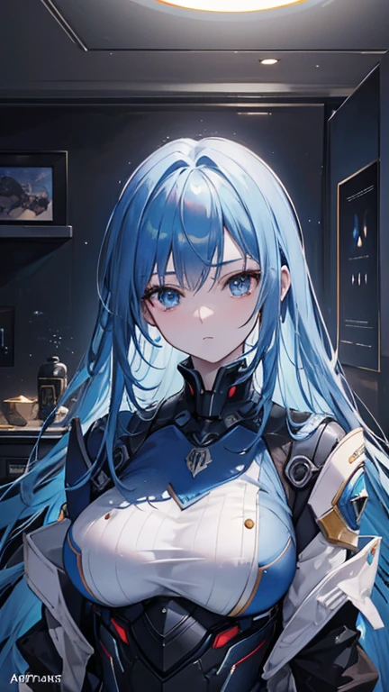 (Best Quality,High resolution,masterpiece:1.2),anime,Portrait,Studio Lighting,Ultra-detailed,Professional,Realist,Blue long hair,Pale skin,Tall and beautiful,Power Suit Exoskeleton,dark blue,space,Spacecraft Hangar, Long legs,Big Breasts, Oil on canvas, Brush strokes, elegant, 超High resolution, 8k, Unreal Engine 5, Super sharp focus,, ArtJam, Reusch, Hmph, Complex芸術のmasterpiece, Evil, Matte Painting Movie Posters, Golden Ratio, CGSociety Trends, Complex, Spectacular, Art Station Trends, Very detailed, Vibrant, Production Movie Character Rendering, Ultra high quality model