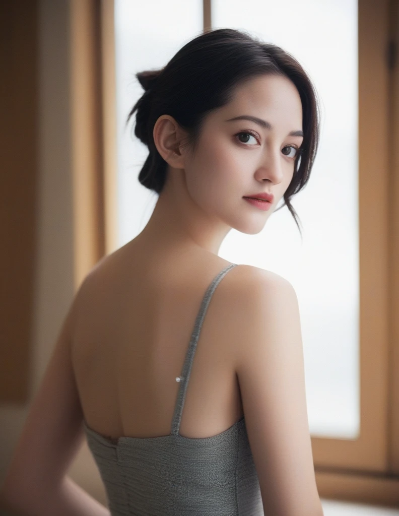 xxmixgirl, Close up Portrait of a beautiful cute long and slender face Japanese girl, A gorgeous young cute asian woman in a Glamorous outfit, cute wided smiling, still from the film, ((young Marion Cotillard face : 1.2)), ((young Anne Hathaway face: 1.0)), from front, realistic portrait photo of a cute 25 years old girl, looks at viewer, full lips, natural skin, skin moles, stormy weather, (cinematic, film grain:1.1), ((asian winged eyes, very long and slender slim face, windy tousled, long straight black ponytail, strapless crop top)), hard nipple, dark room, bent over, see through, sunlight, under , big saggy breast, teardrop breast, arms up, hands attached with ropes from above, facing the window, adorable bright eyes, detailed face, detailed and realistic eyes, (spider gwen), feeling sexy, head down, (Leica SL3, Summicron-SL 75 f/2 ASPH, kodak Ektar 200 film), hands up, bokeh, silhouette, shallowed depth of field, dynamic action pose, hands up, nsfw, 18+