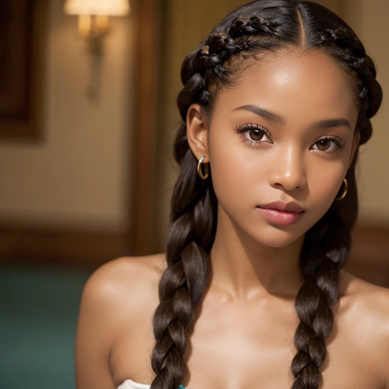 Brown skin caribbean woman with braids beautiful face