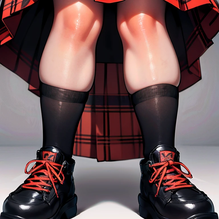 Anime Kawaii sexy Perfect Slim sensual body large breast and huge thighs, An intricate and highly detailed illustration of anime (Young girl red plaid miniskirt , shoes black , pleatedskirt , assassin , all-body , White sweater , black gloves , Stockings , GARTER BELT , Bblack hair , eyes black , slickedback hair , thicc thighs , all-body , standing posture , Face , close up