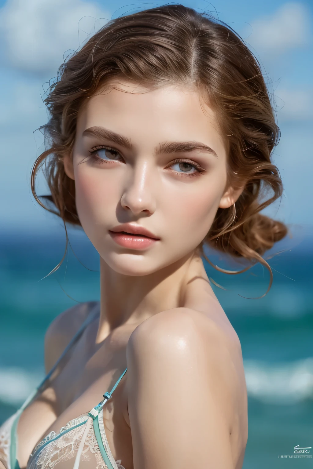 French lady, Photorealsitic, Detailed skin, Detailed lips, Detailed eyebrows, depth of fields, ccurate, Super Detail, Best Quality, hight resolution, Anatomically correct, Textured skin, high details, High quality, lingerie, full body, ocean