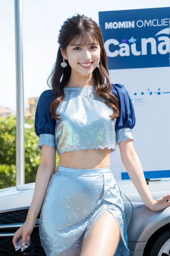 Ultra-high resolution, 1 Girl, 24 years old, (Idols:1.4), (Famous actresses :1.4), (Beautiful detailed face:1), Bangs, (Multicolor floating hair), Skin Dentition, Light makeup, (Beautiful medium breasts:1.3), (Sparkling Skin:1.1), Shiny skin, Long limbs, Slim, medium Breasts:1.3, Narrow waist, Medium Hips, Thin legs, thick thighs, Dynamic Lighting, Sexually suggestive faces, Glossy texture, Lipstick, V-shaped eyebrows, V Line Jaw, Looking at the Viewer, (Long Hair:1.3), (Perfect Face:1.4), Flowing hair, audience, (A shy smile:1.3), blue sky, (((Monte Carlo Street Circuit))), (((Racing Car))), (((Racing Bike))), ((Promotion Girl:1.3)), ((Grid Girls:1)), Pink Lips, Light makeup, (Detailed promotional costumes are intricately worn:1.10), full body, Lace-up boots, Short sleeves, Cropped tops, ((Short jacket:1)), (Tube Top Bra:1), short skirt, miniskirt, thick legs, Knee-high, (((Nylon short-sleeve jacket with many logos))), (Logo glitter long nylon pleated skirt), Small Ass, ((Promotional wear with logo:1.3)), (((Shiny silver and metallic blue glitter promotional wear))), Fingerless gloves, Black Hair, Brown hair, Red Hair, Walking, audience, lovely smile