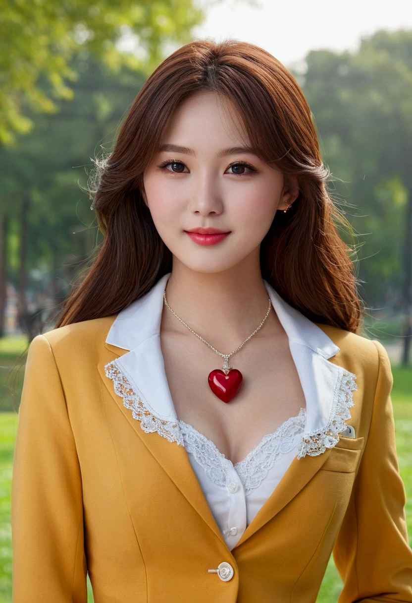 1 a beautiful girl,women, korean, snow white skin,soft and shiny skin,Hydrated, realistic photo, detailed face and body image, eyes details, innocent look, Pretty lips, thin face, long brown hair, school suit , with neckline, with a heart shaped necklace, Natural makeup, Quality image, big breasts, slim, cintura slim y marcada, hourglass body, heart shaped face, with a french bridle, delicate beauty, innocent smile, young appearance, posing looking at the camera, in the park, wavy fur, straight, friendly and sweet appearance,