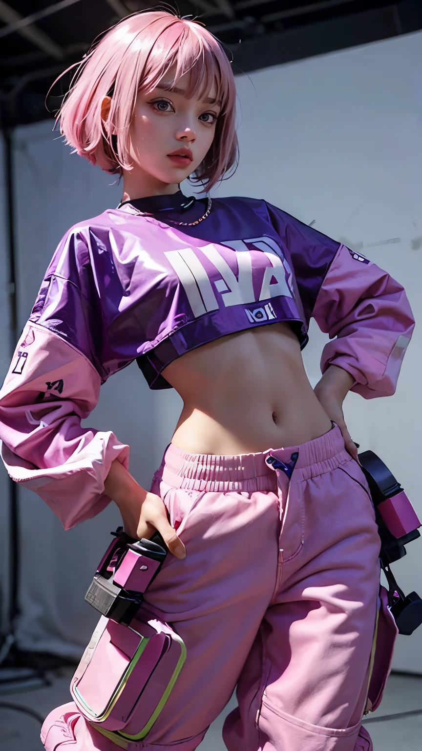 Beautiful girl living in the super future,pink bob cut hair, (super future cyber hip-hop outfit),multicolored clothes, simple background, front view