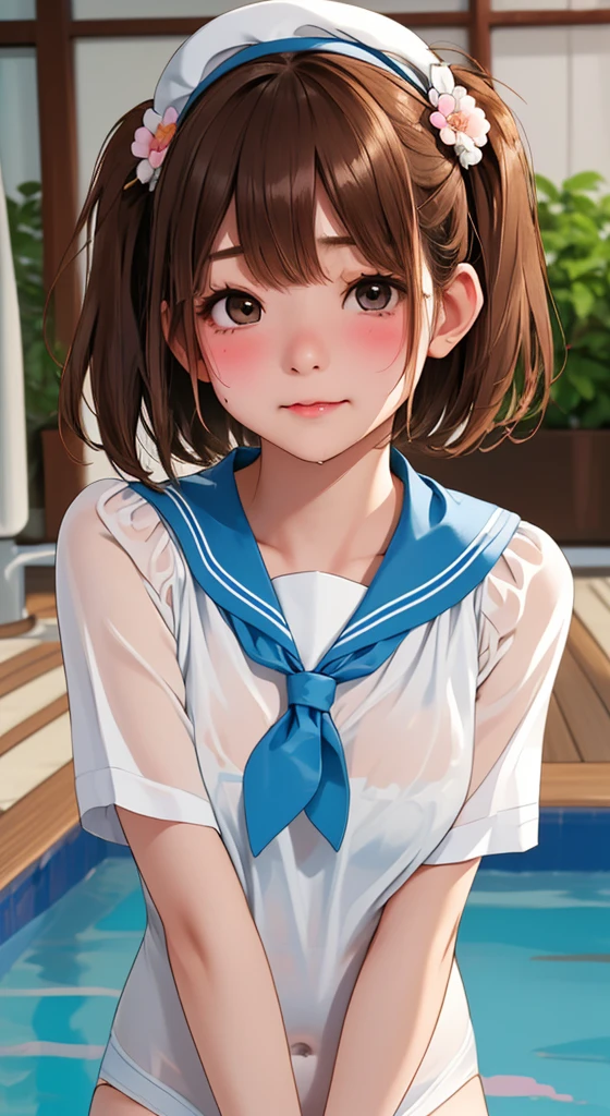 (Highest quality:1.5)、Ultra-high resolution、Detailed Background、masterpiece、Anatomically correct、cute美少女、(Beautiful face in every detail:1.4)、Brown Hair、Bobcut、(Big Breasts:1.1)、Realistic、Perfect body line、charm、Look at me with a very embarrassed look、blush、See-through white sailor suit、Sailor collar、Large vegetable garden pool、cute仕草、Femininity、cute印象、Emphasis on health and beauty、The whole body gets wet、My clothes are wet and transparent、Hair is also wet、cute、Camel Toe