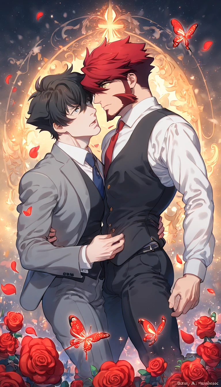 absurdres, highres, ultra detailed, HDR, master piece, best quality, extremely detailed, Klaus Von Reinhertz, red hair, expressive yellow eyes, Kekkai Sensen, Steven A. Starphase, black hair, expressive gray eyes, two sexy men together, yaoi, gay couple, handsome, white shirt, black vest, gray jacket, cross, red butterflies, petals, magical, red roses, fantasy