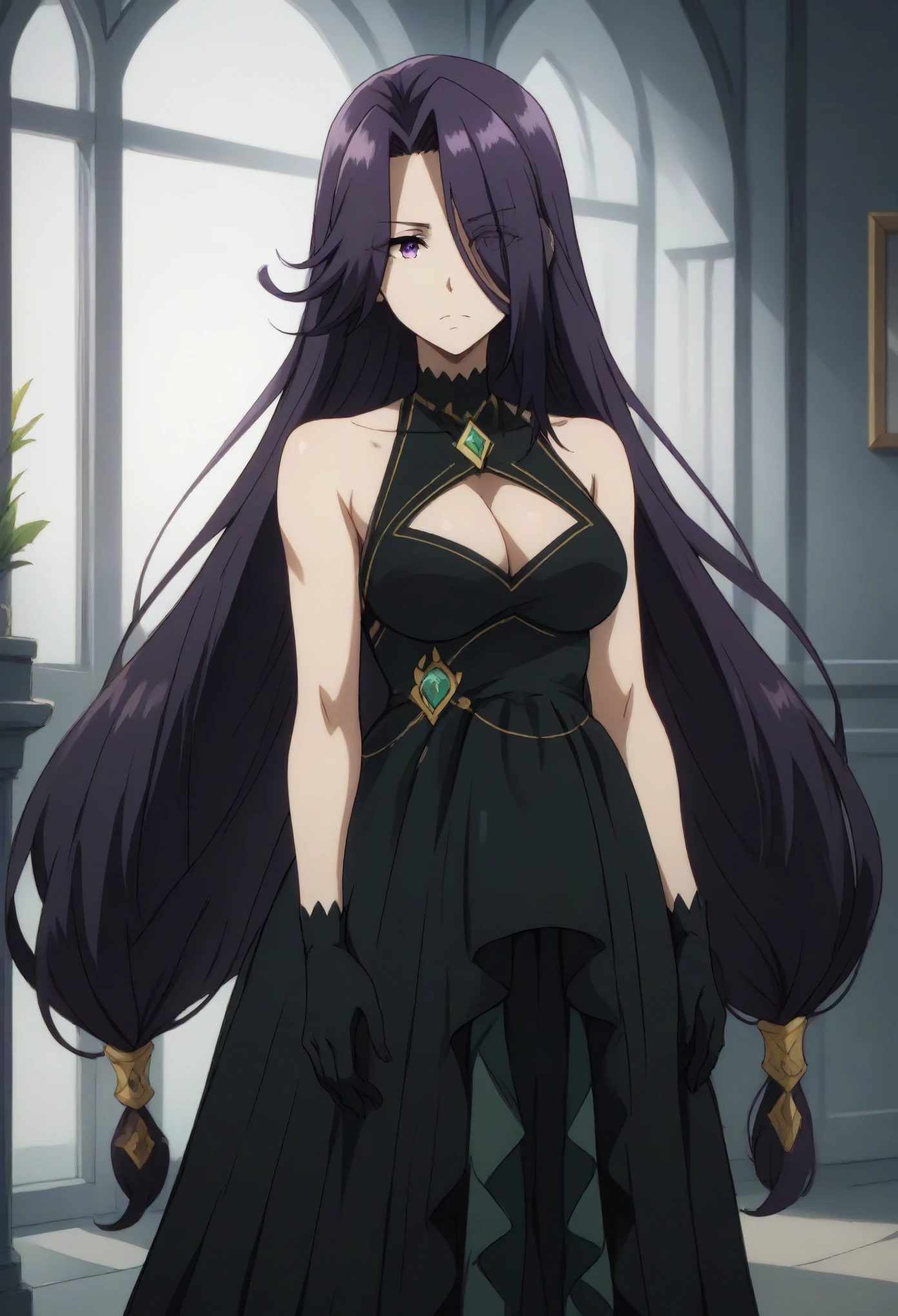 aurora, long hair, purple hair, very long hair, purple eyes, hair over one eye, eyes visible through hair, gloves, dress, cleavage, bare shoulders, sleeveless, black gloves, black dress, clothing cutout, cleavage cutout
