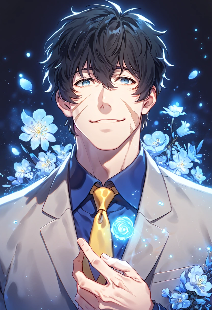 absurdres, highres, ultra detailed, HDR, master piece, Steven A. Starphase, black hair, expressive gray eyes, gray jacket, blue shirt, yellow necktie, scar on his right cheek, Kekkai Sensen, man, handsome, best quality, blue moon, flowers, fantasy, magical, solo, water, blue shining fireflies, blue petals, handsome smile, sensual