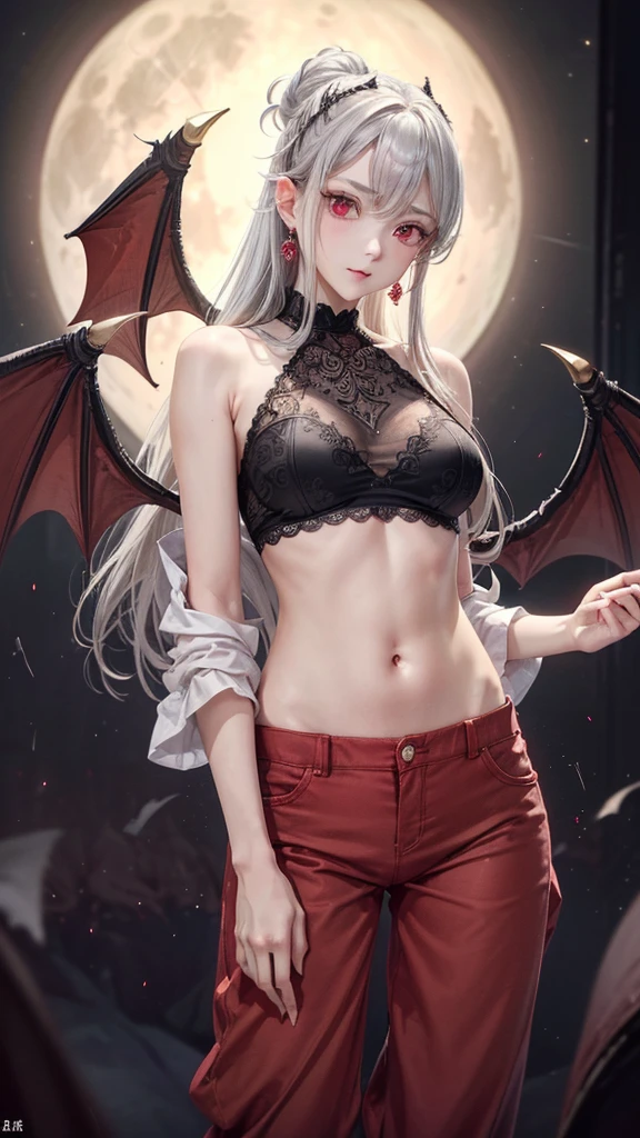 (Highest quality,Very detailed,High resolution:1.2),One Girl,Gray Hair,The most beautiful girl in human history,((1 photo from the front))、暗い red eyes (暗いred eyes:1.1),さみし気なaura(aura:1.1),(mysterious,Ghostly:1.1) atmosphere,Looks like half a demon,(Demonic traits,Demonic traits),(Elaborate,wonderful) Earrings,Small Ass,Long and beautiful legs、Semi-long hair up to the shoulders, ((Upper Body Shot)),Beautiful breasts、Clear Eyes、((Standing in the room))、My cheeks are a little red,((Cotton pants that cover the knees))、((Cute pajamas))、((Huge bat-like wings growing from his shoulders)),((A big full moon shines in the dark night sky))